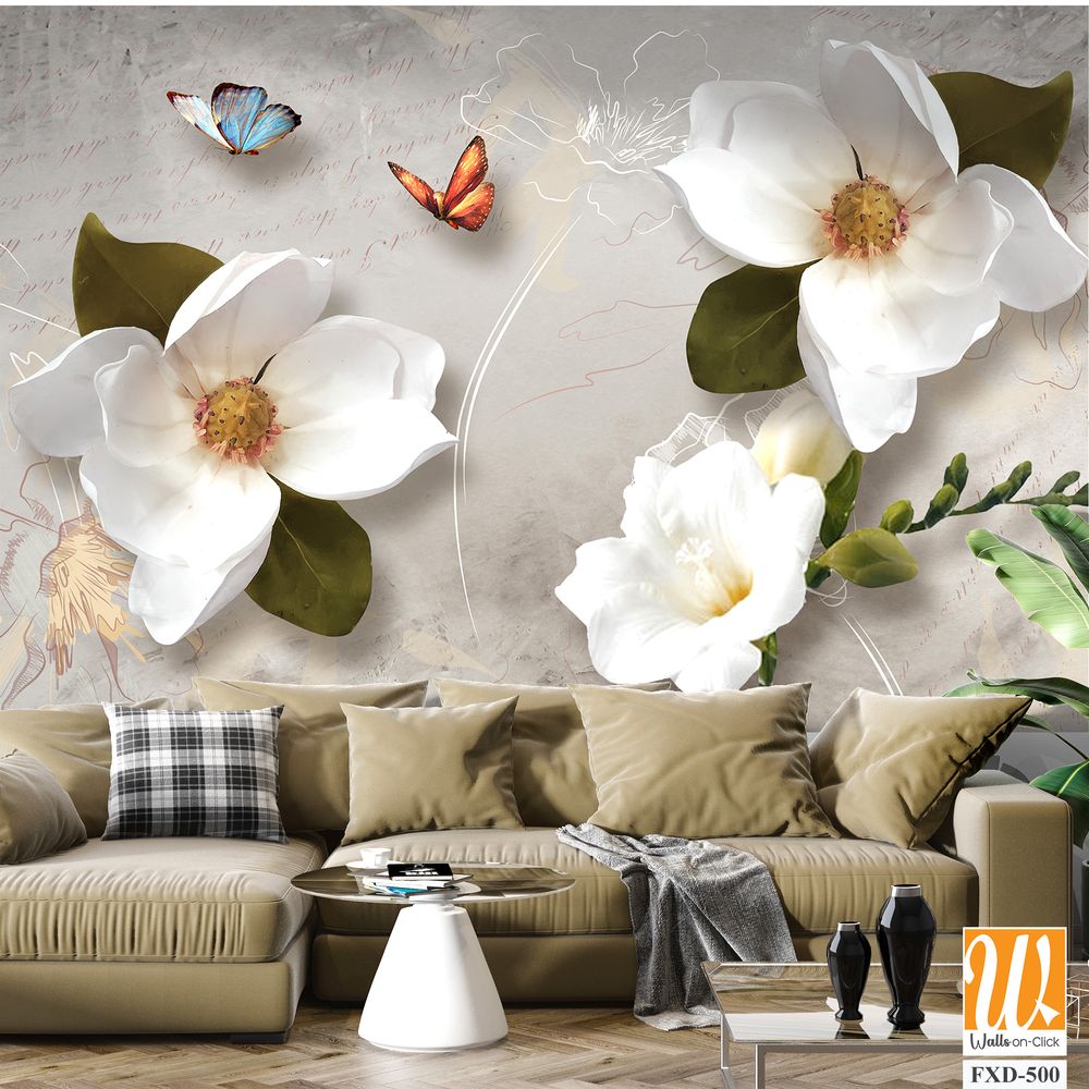 3D wallpaper with white magnolia flowers and green leaves [WP-FXD-500]