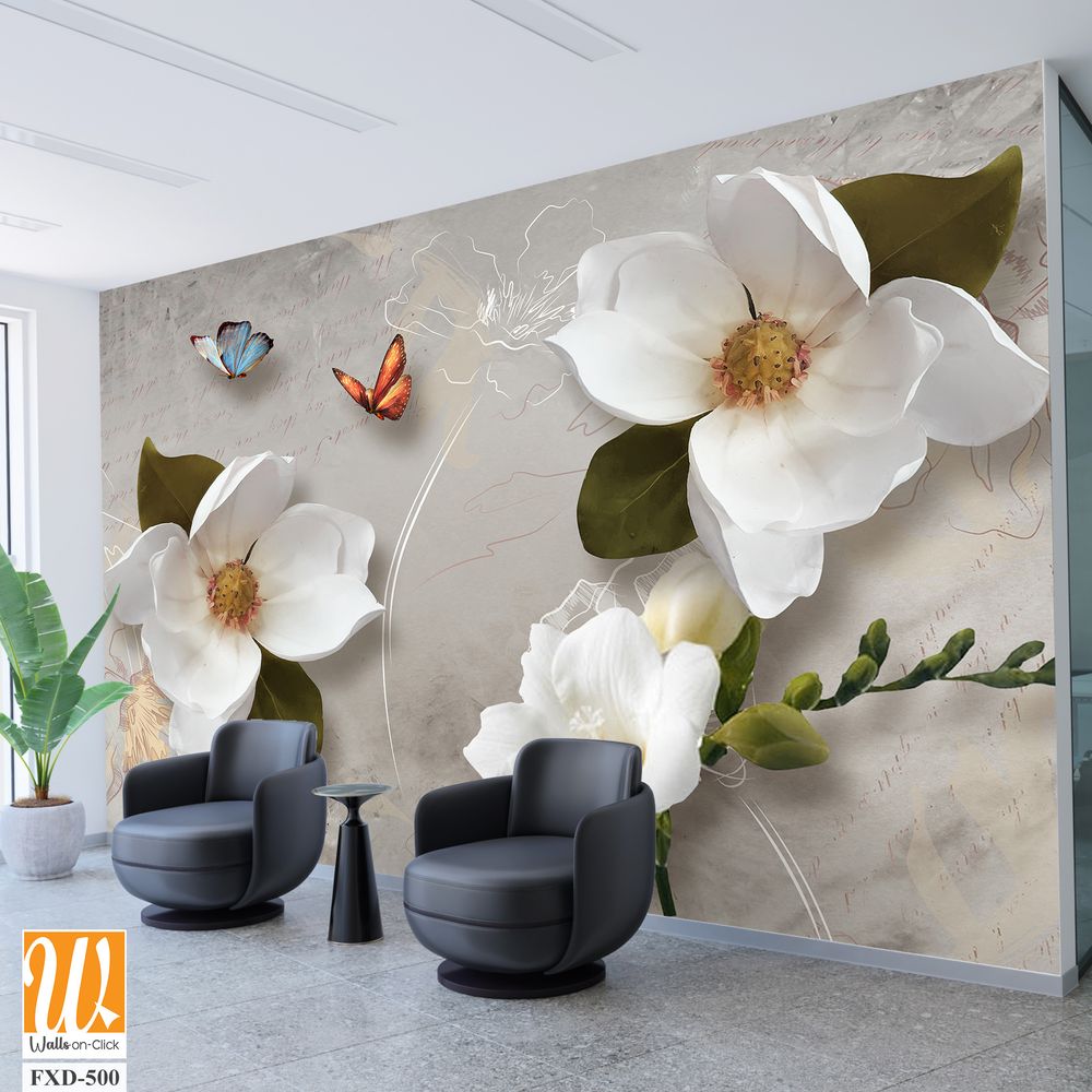 3D wallpaper with white magnolia flowers and green leaves [WP-FXD-500]