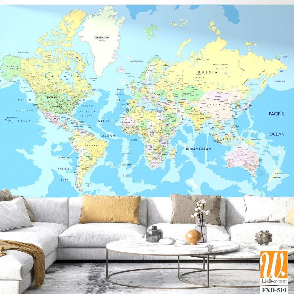 Detailed map of the world with country borders Wallpaper [WP-FXD-510]