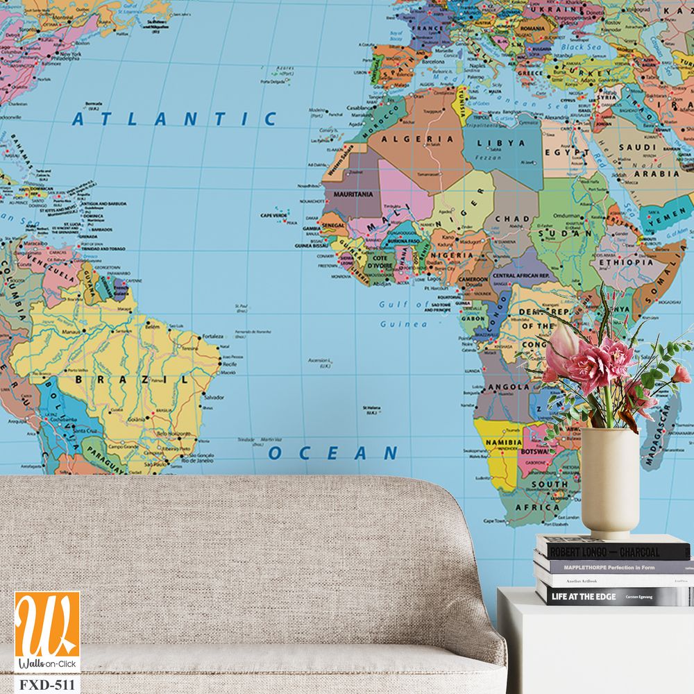 Detailed map of the world with colorful borders and city names Wallpaper [WP-FXD-511]
