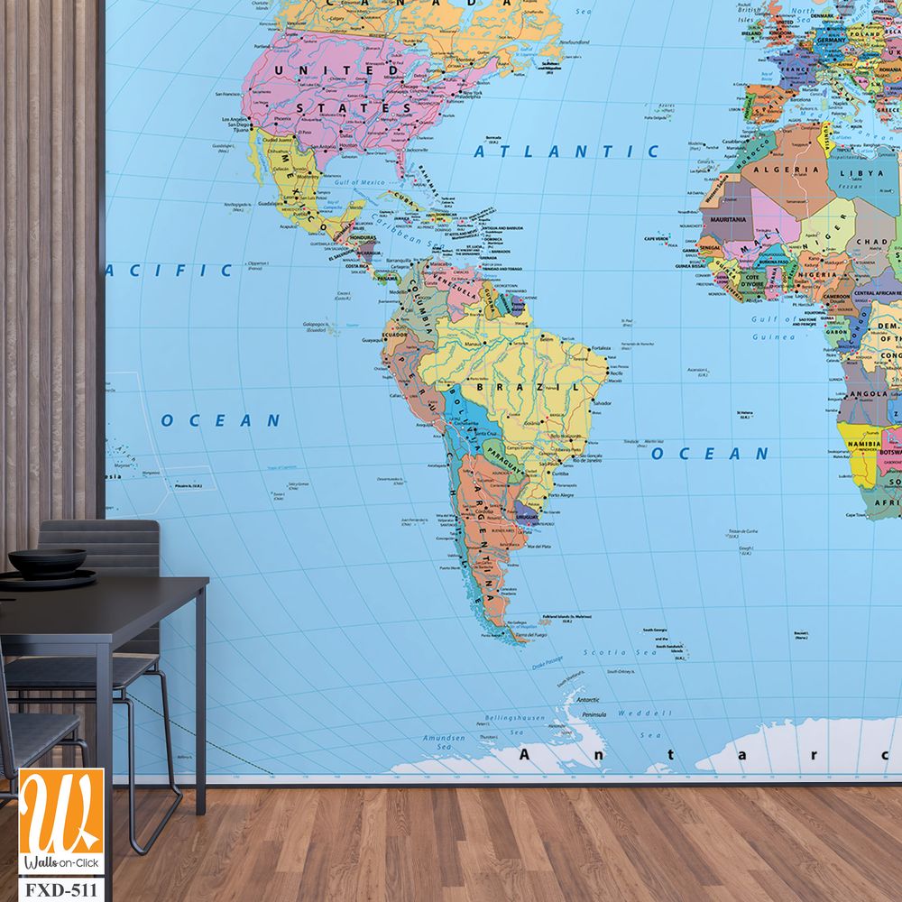 Detailed map of the world with colorful borders and city names Wallpaper [WP-FXD-511]