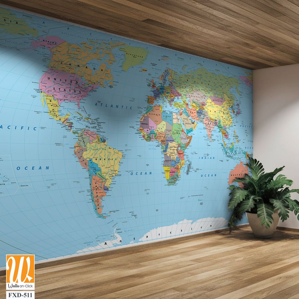 Detailed map of the world with colorful borders and city names Wallpaper [WP-FXD-511]