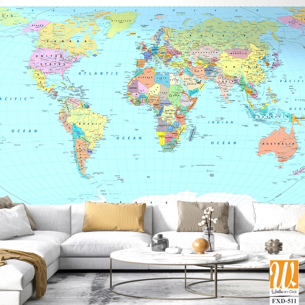 Detailed map of the world with colorful borders and city names Wallpaper [WP-FXD-511]