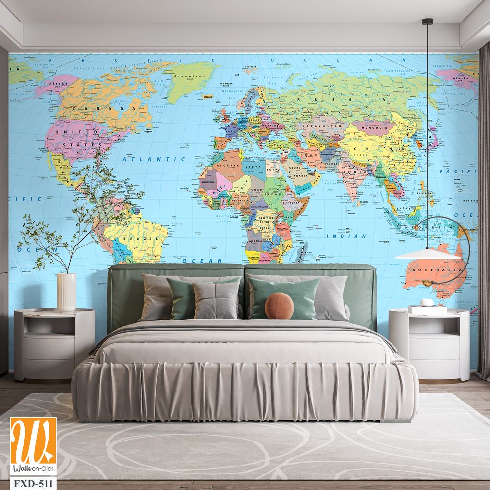 Detailed map of the world with colorful borders and city names Wallpaper [WP-FXD-511]