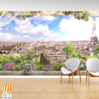 Panoramic view of Paris from the Eiffel Tower, surrounded by white drapes Wallpaper [WP-FXD-515]