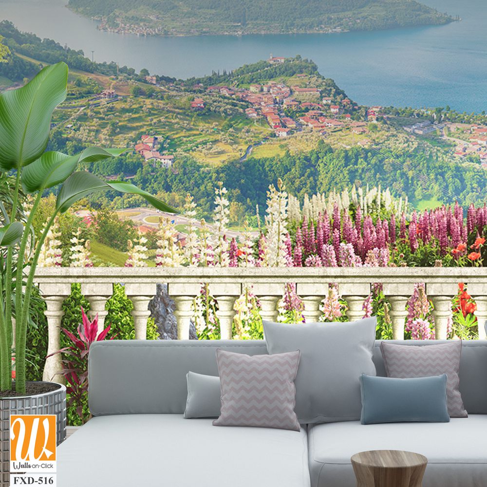 Beautiful balcony with flowers and plants overlooking the sea Wallpaper [WP-FXD-516]