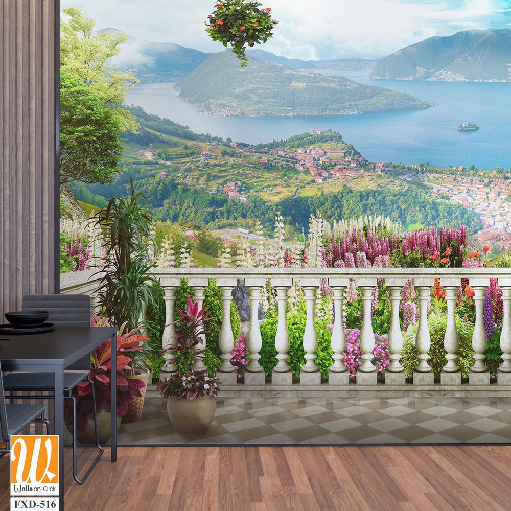 Beautiful balcony with flowers and plants overlooking the sea Wallpaper [WP-FXD-516]