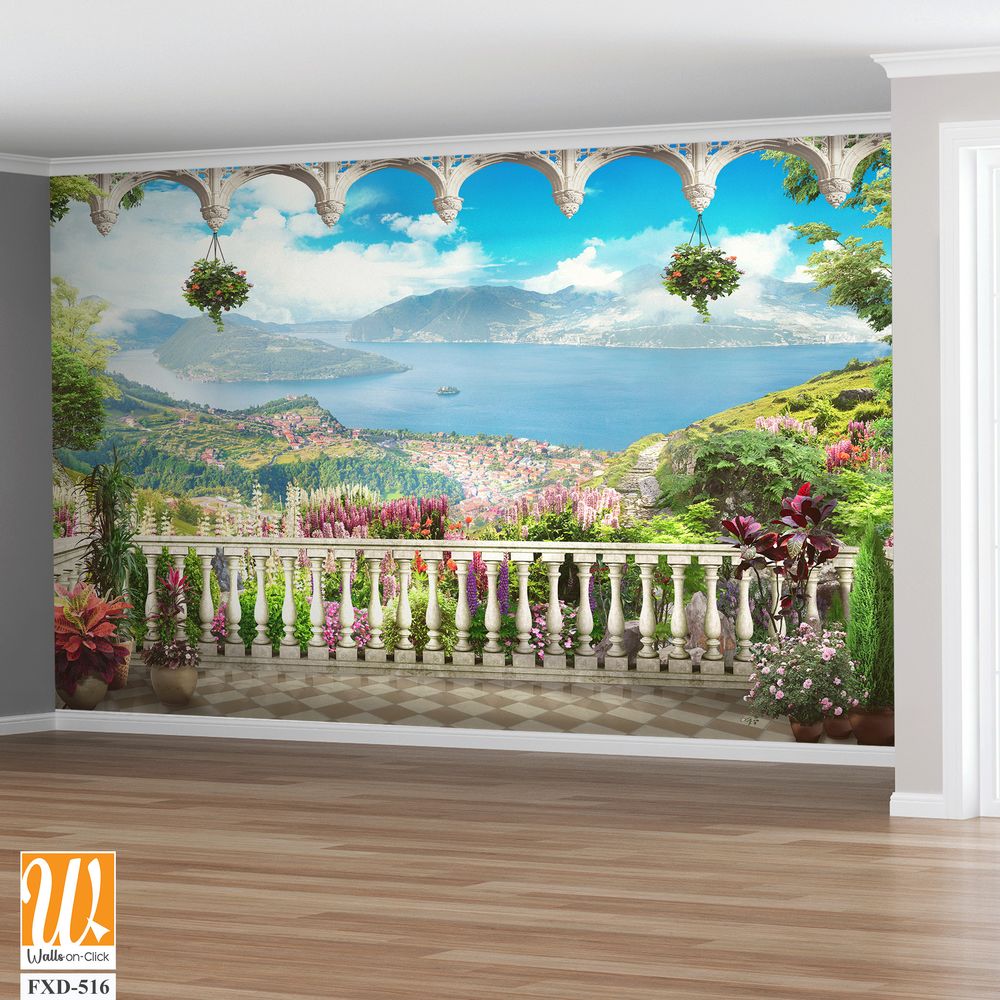 Beautiful balcony with flowers and plants overlooking the sea Wallpaper [WP-FXD-516]
