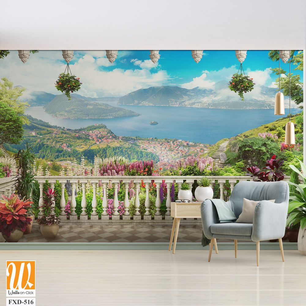Beautiful balcony with flowers and plants overlooking the sea Wallpaper [WP-FXD-516]
