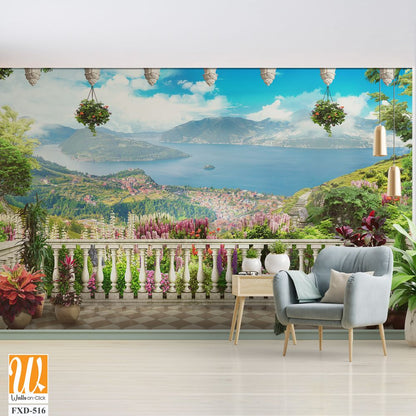 Beautiful balcony with flowers and plants overlooking the sea Wallpaper [WP-FXD-516]