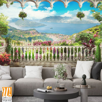 Beautiful balcony with flowers and plants overlooking the sea Wallpaper [WP-FXD-516]