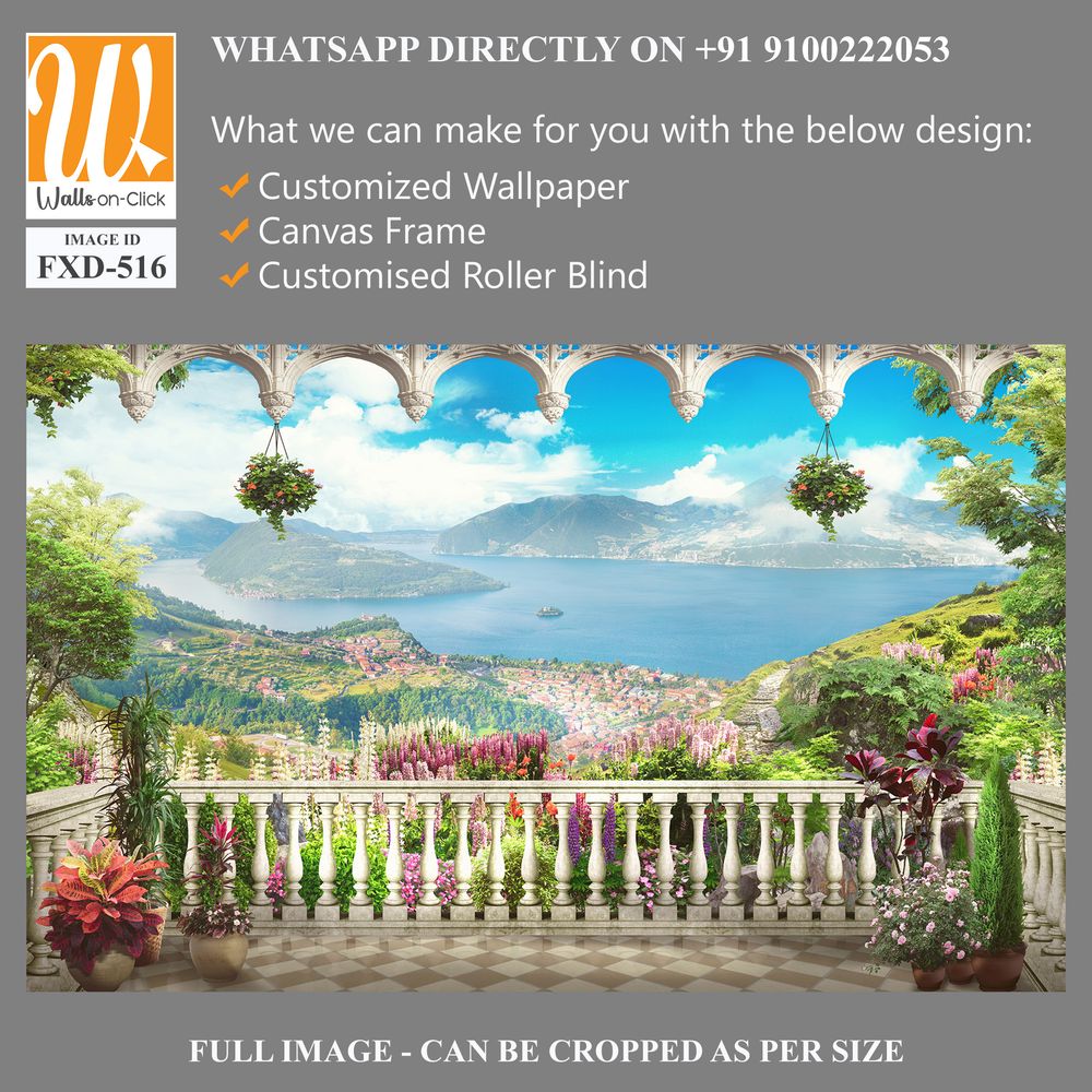 Beautiful balcony with flowers and plants overlooking the sea Wallpaper [WP-FXD-516]
