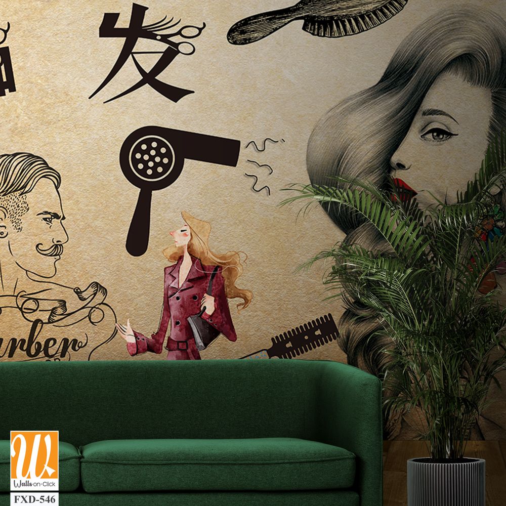 Vintage wallpaper, hair salon decor [WP-FXD-546]