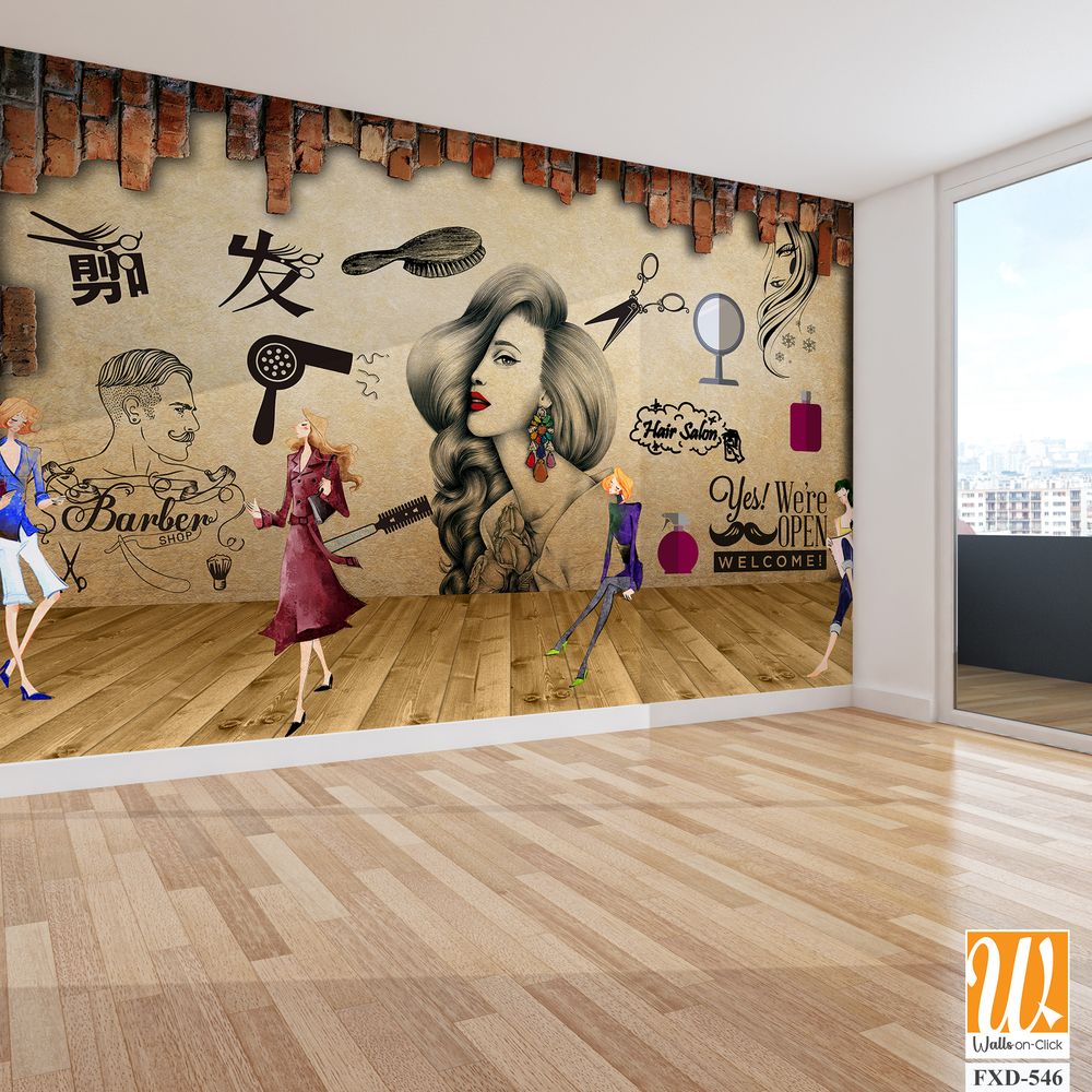 Vintage wallpaper, hair salon decor [WP-FXD-546]