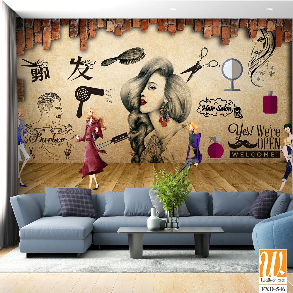 Woman Salon Wallpaper, Hairdresser And Beauty Salon Decor, Mural Decor, Woman Wallpaper, Floral Mural Art, Beauty Parlour Decals