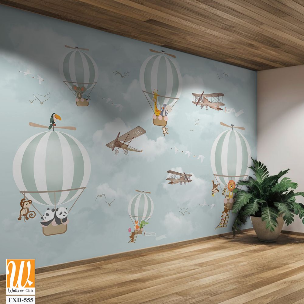 Whimsical hot air balloon scene with cartoon animal Wallpaper [WP-FXD-555]