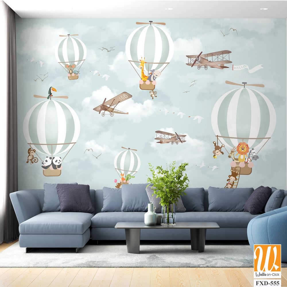 Whimsical hot air balloon scene with cartoon animal Wallpaper [WP-FXD-555]