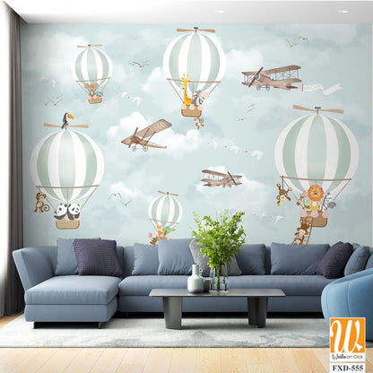 Whimsical hot air balloon scene with cartoon animal Wallpaper [WP-FXD-555]