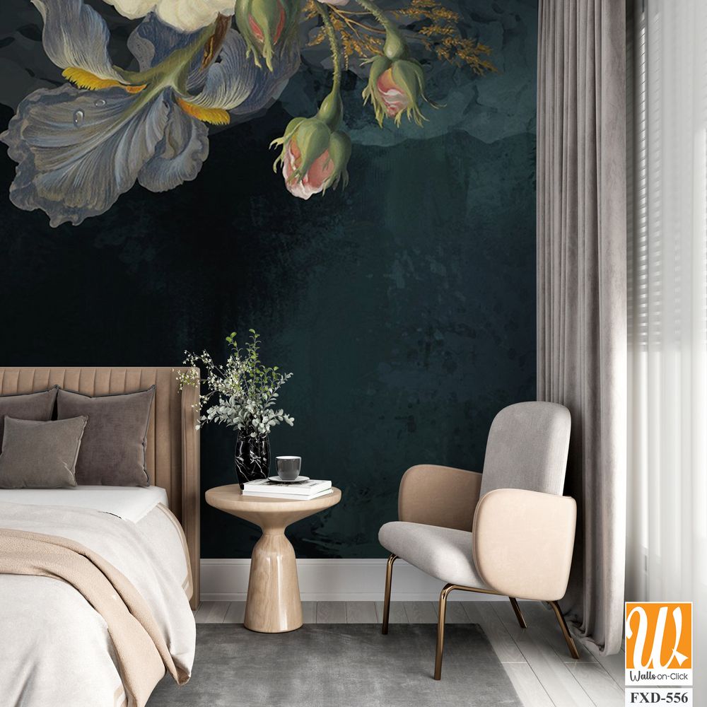 Vintage-inspired floral arrangement of roses, peonies, and orchids Wallpaper [WP-FXD-556]