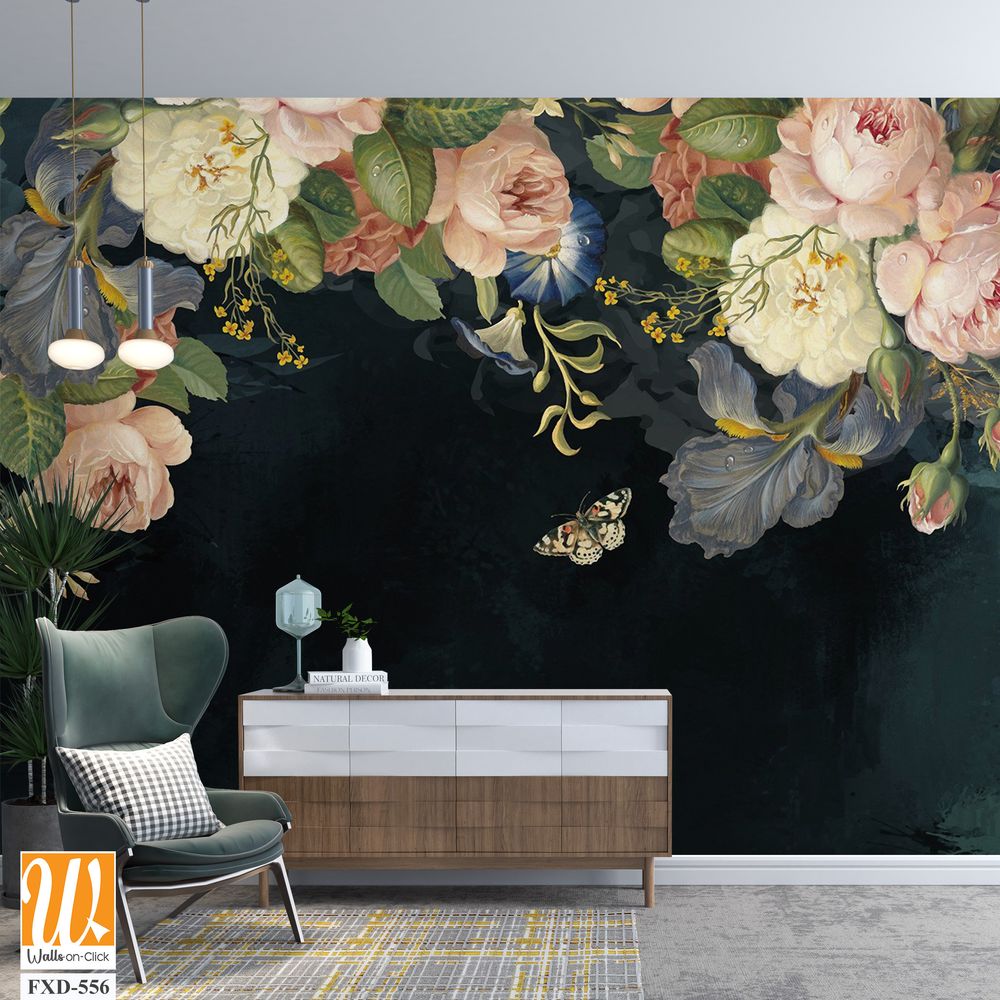 Vintage-inspired floral arrangement of roses, peonies, and orchids Wallpaper [WP-FXD-556]