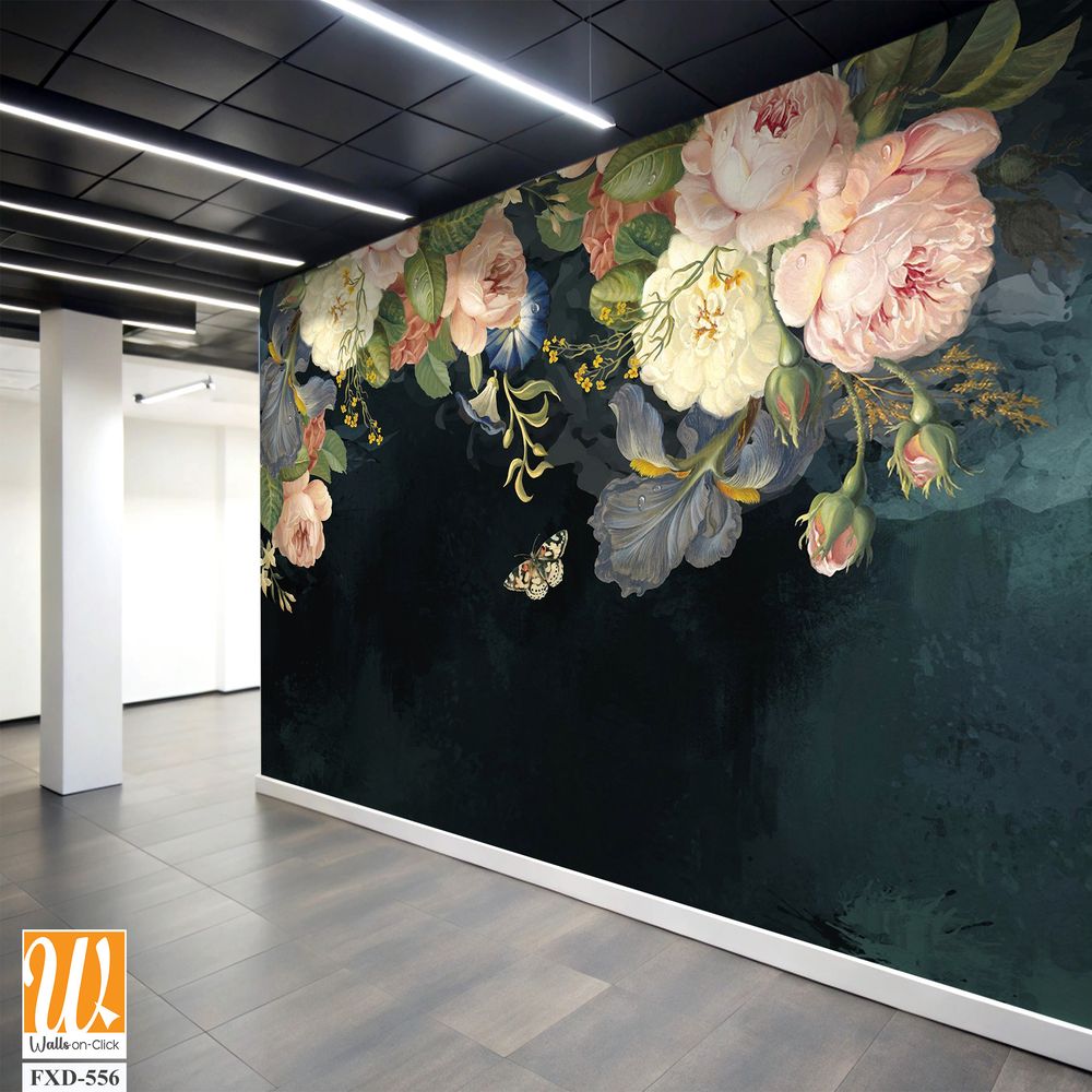 Vintage-inspired floral arrangement of roses, peonies, and orchids Wallpaper [WP-FXD-556]