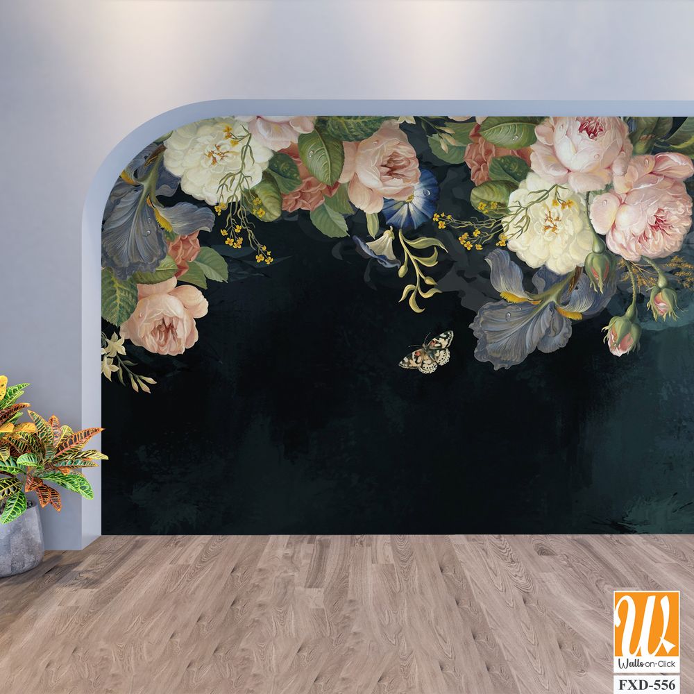 Vintage-inspired floral arrangement of roses, peonies, and orchids Wallpaper [WP-FXD-556]