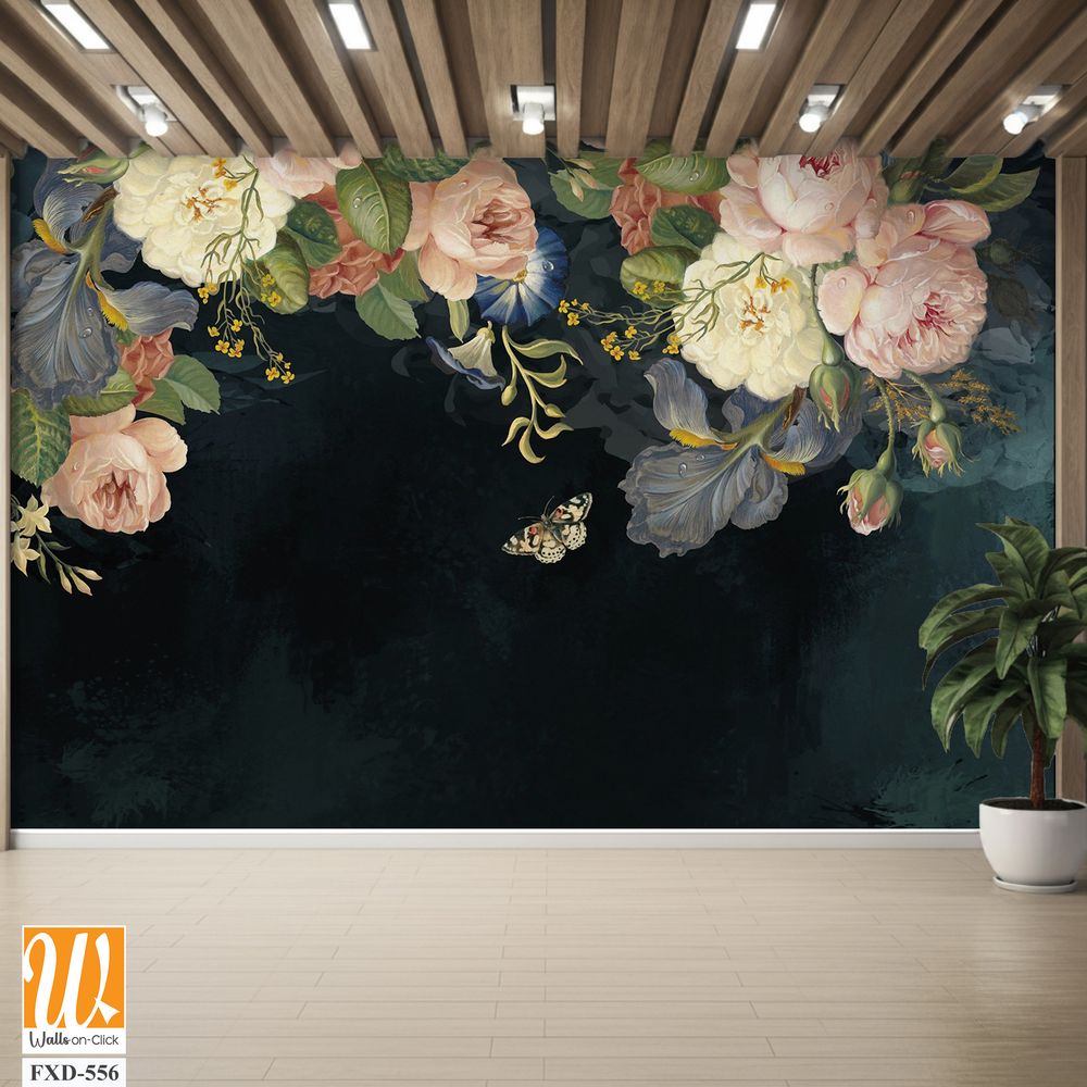 Vintage-inspired floral arrangement of roses, peonies, and orchids Wallpaper [WP-FXD-556]
