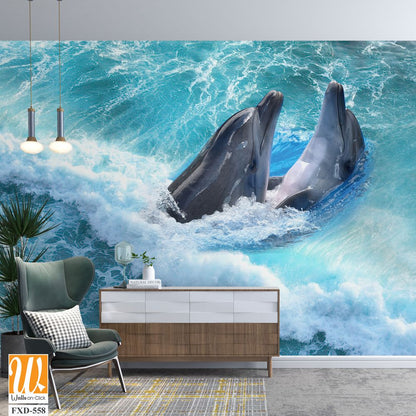 Two dolphins playing in the ocean Wallpaper [WP-FXD-558]