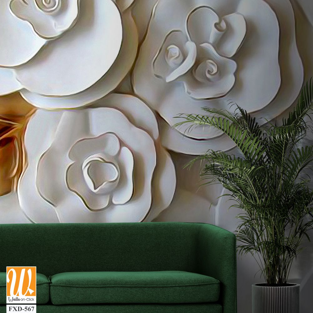 3D carved white roses wall mural Wallpaper [WP-FXD-567]