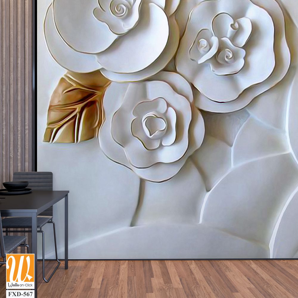 3D carved white roses wall mural Wallpaper [WP-FXD-567]