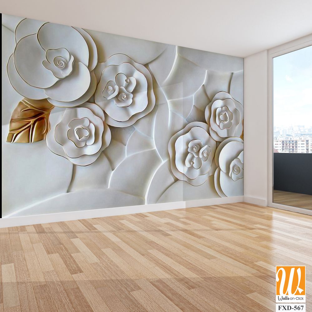 3D carved white roses wall mural Wallpaper [WP-FXD-567]