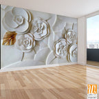 3D carved white roses wall mural Wallpaper [WP-FXD-567]