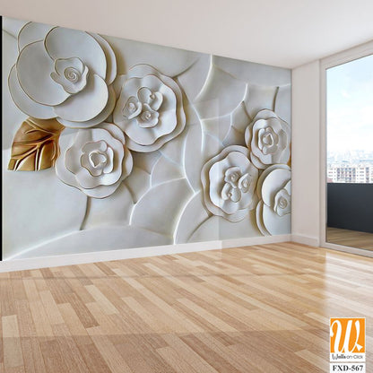 3D carved white roses wall mural Wallpaper [WP-FXD-567]