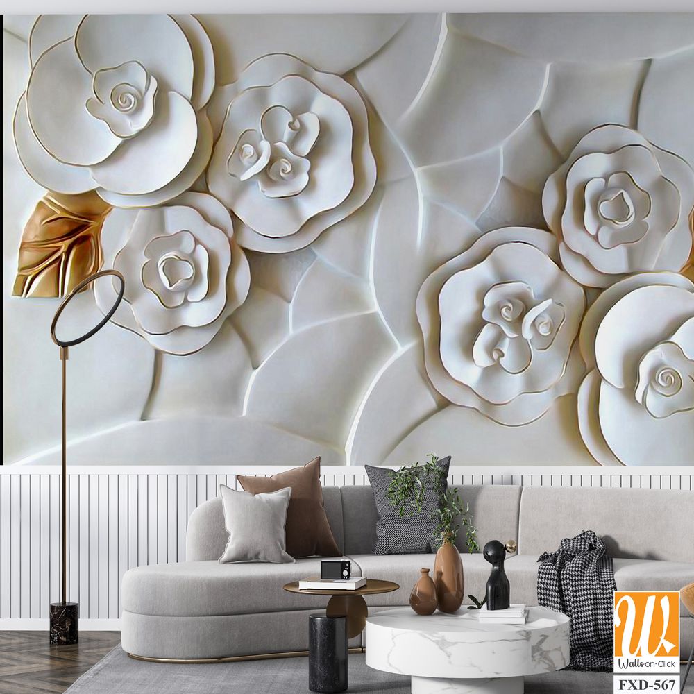 3D carved white roses wall mural Wallpaper [WP-FXD-567]