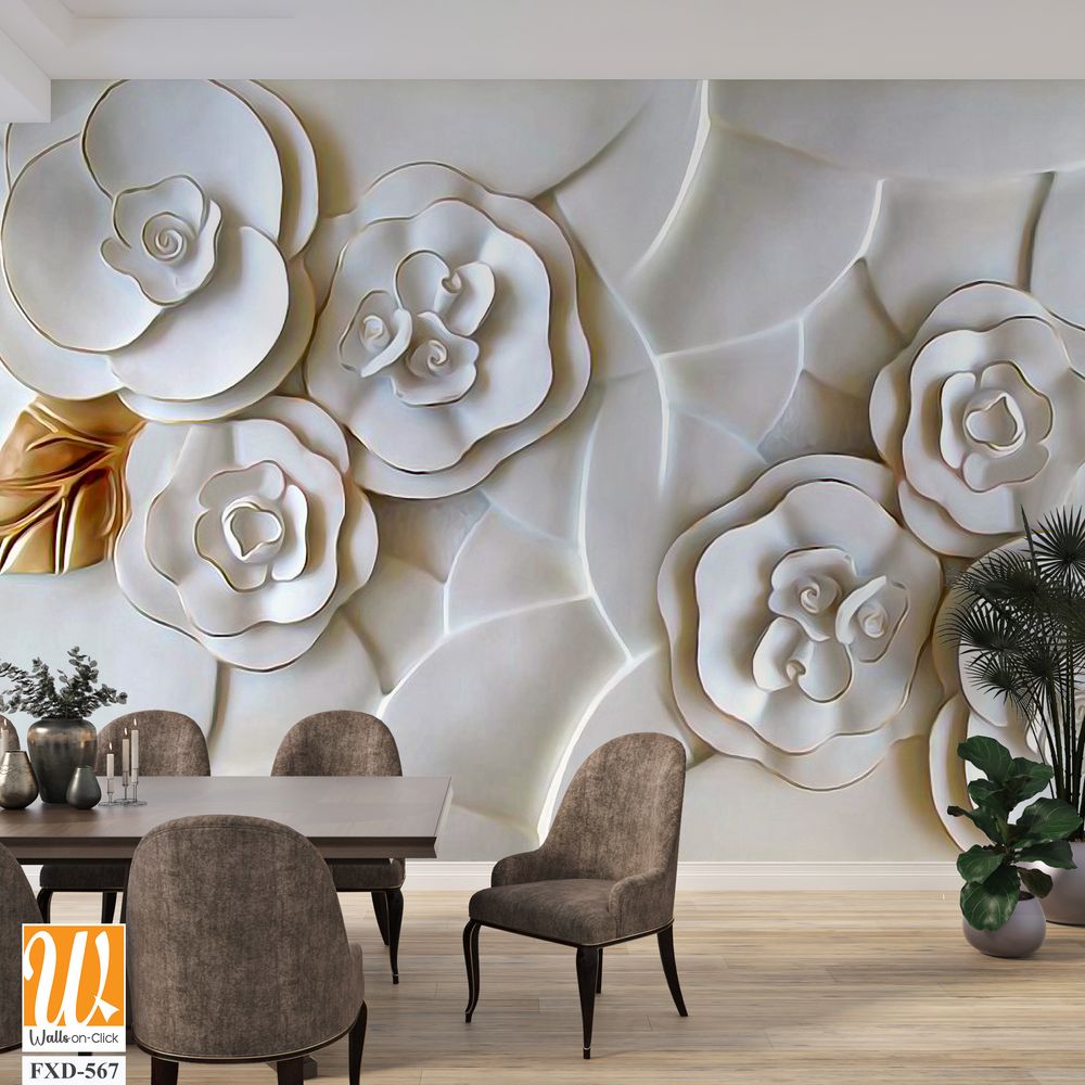 3D carved white roses wall mural Wallpaper [WP-FXD-567]