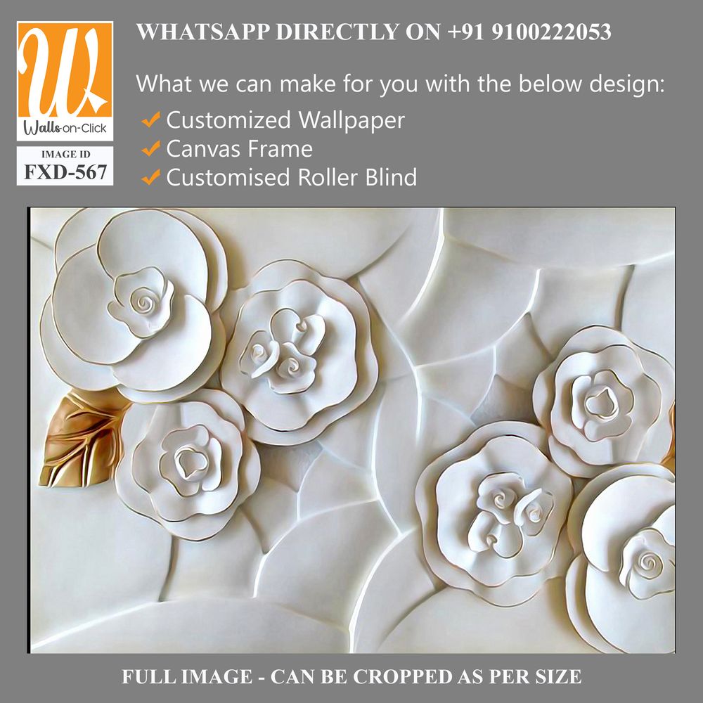 3D carved white roses wall mural Wallpaper [WP-FXD-567]