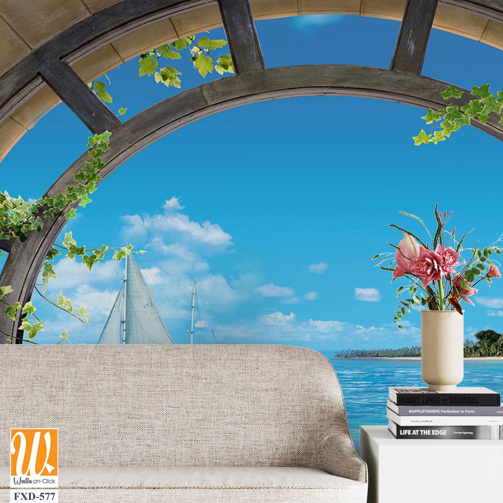 Arched stone arch with a view of the sea and sailboats Wallpaper [WP-FXD-577]