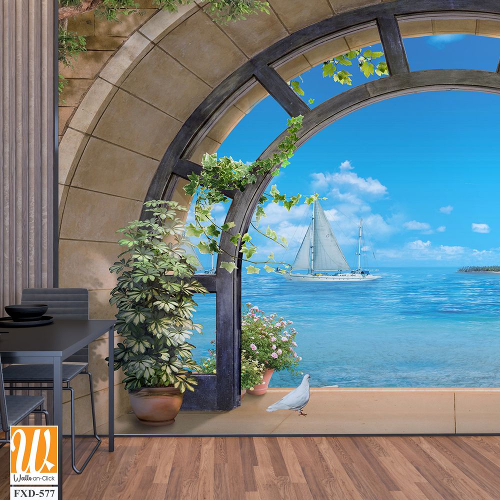 Arched stone arch with a view of the sea and sailboats Wallpaper [WP-FXD-577]