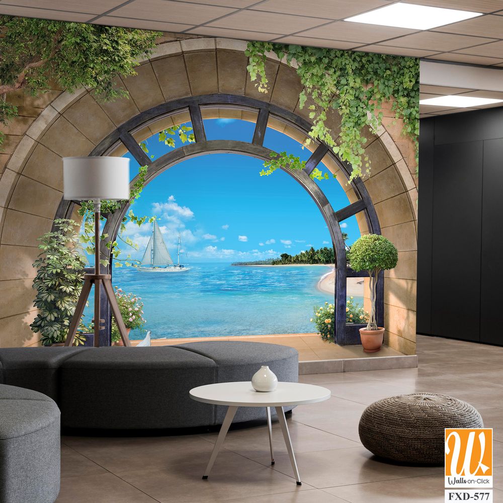 Arched stone arch with a view of the sea and sailboats Wallpaper [WP-FXD-577]