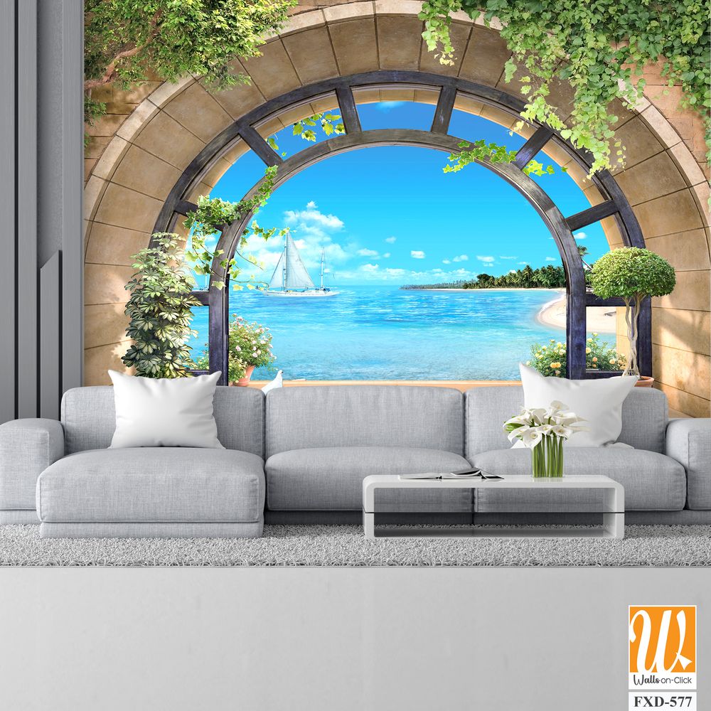 Arched stone arch with a view of the sea and sailboats Wallpaper [WP-FXD-577]