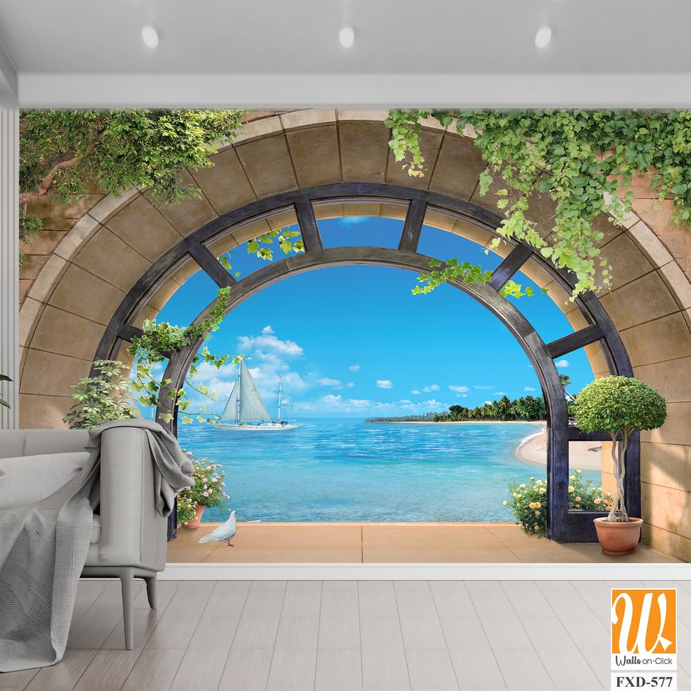 Arched stone arch with a view of the sea and sailboats Wallpaper [WP-FXD-577]