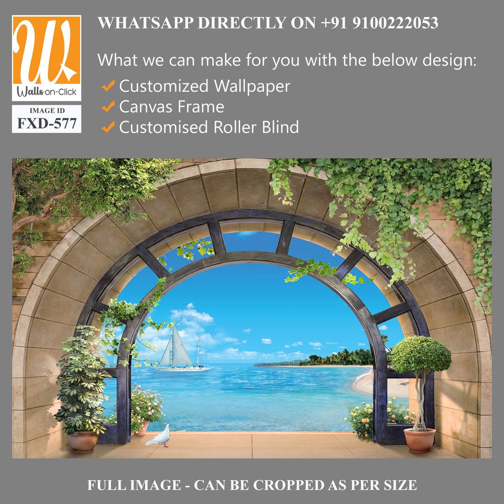 Arched stone arch with a view of the sea and sailboats Wallpaper [WP-FXD-577]
