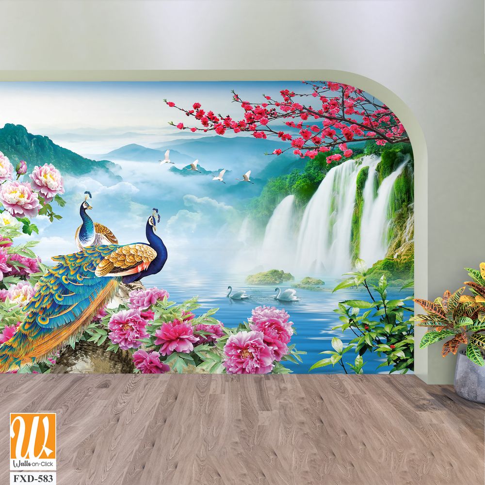 Two peacocks among beautiful waterfalls Wallpaper [WP-FXD-583]