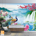 Two peacocks among beautiful waterfalls Wallpaper [WP-FXD-583]