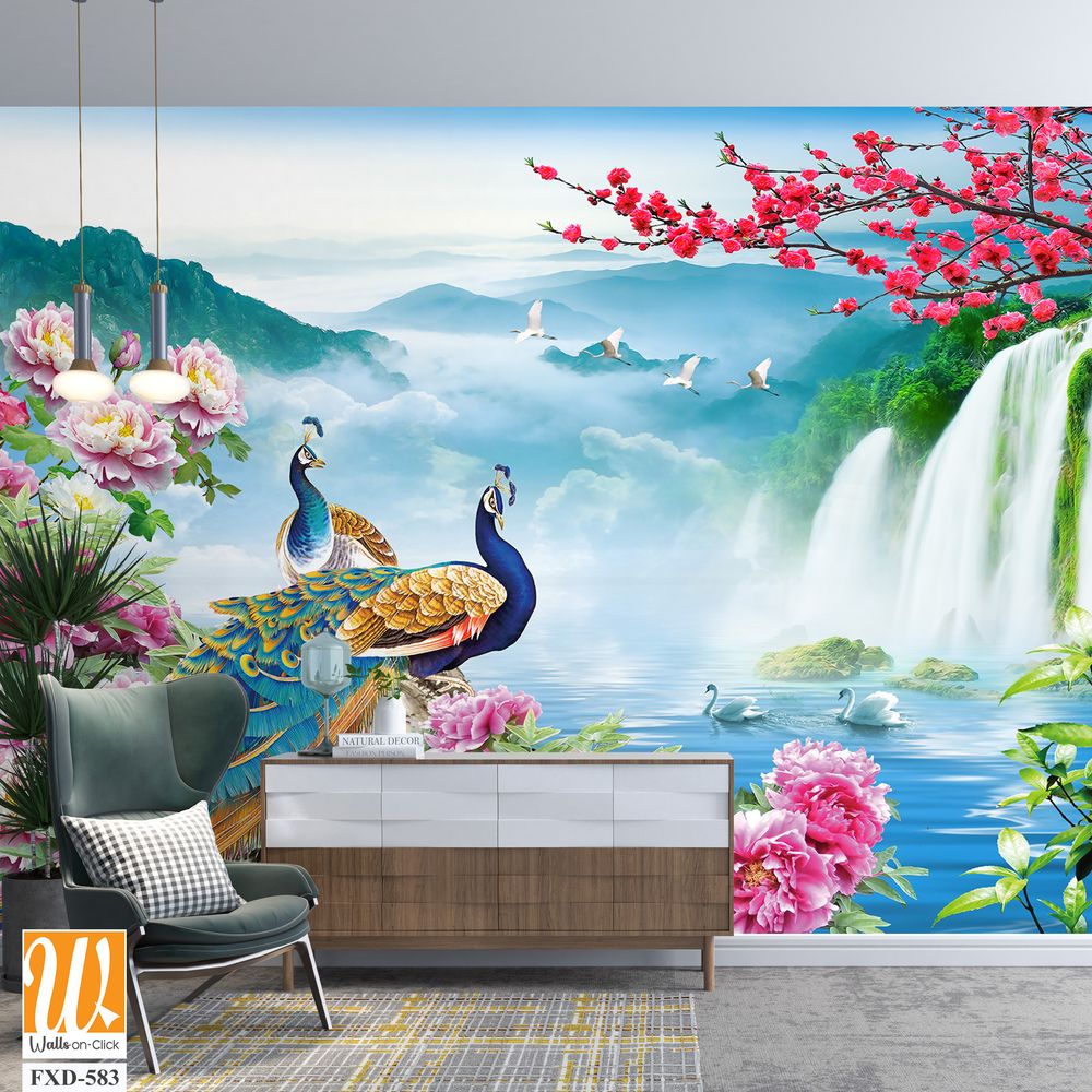 Two peacocks among beautiful waterfalls Wallpaper [WP-FXD-583]