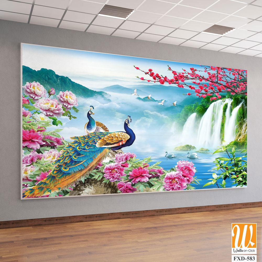 Two peacocks among beautiful waterfalls Wallpaper [WP-FXD-583]
