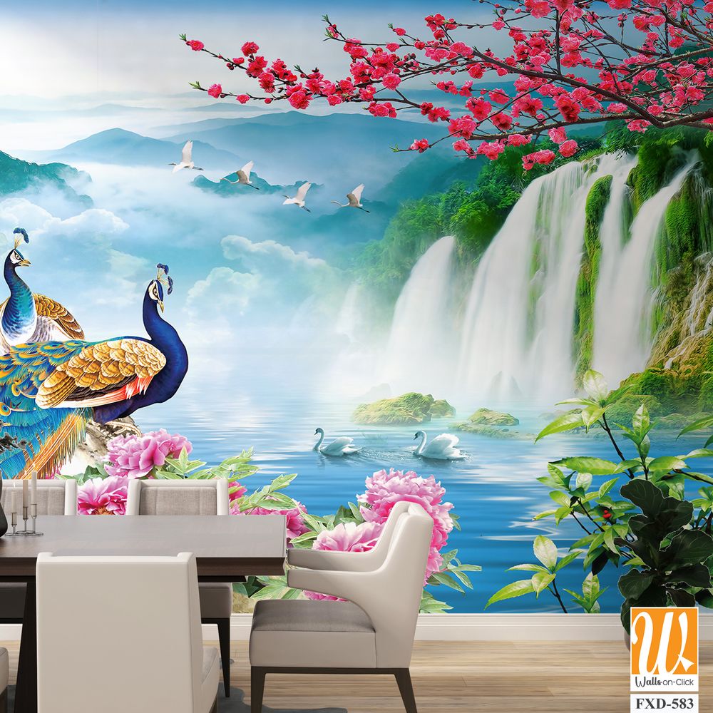 Two peacocks among beautiful waterfalls Wallpaper [WP-FXD-583]