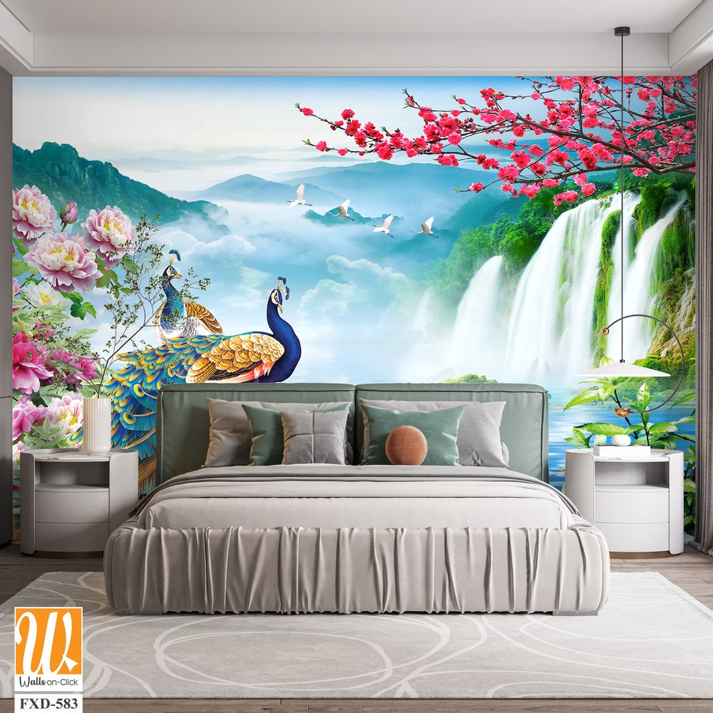 Two peacocks among beautiful waterfalls Wallpaper [WP-FXD-583]