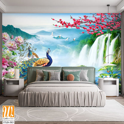 Two peacocks among beautiful waterfalls Wallpaper [WP-FXD-583]