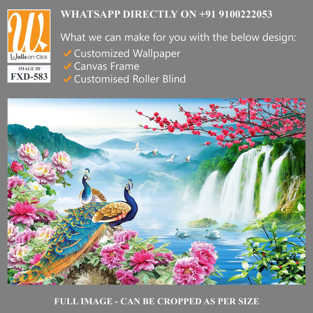Two peacocks among beautiful waterfalls Wallpaper [WP-FXD-583]